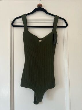 KHAITE Olive Ribbed V-Neck Tank Bodysuit